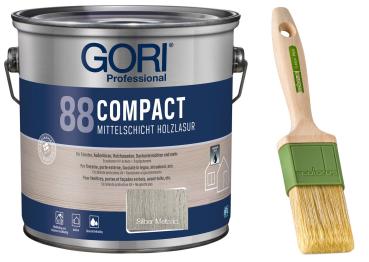 GORI 88 Compact-Lasur – Mittelschichtige Holzlasur (2,50 Liter) - Silber Metallic + Profi Pinsel